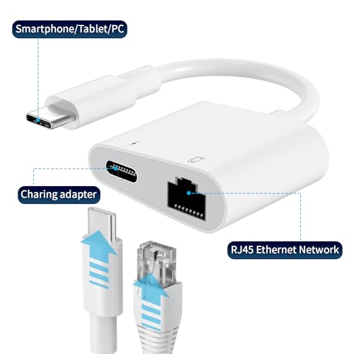 USB C to Ethernet Adapter, 2 in 1 RJ45 Ethernet LAN Network Adapter | Compatible with iPhone 17/16/15/New iPad and USB C Devices, Plug and Play, Supports 100Mbps Ethernet Network - size: USB-C to RJ45