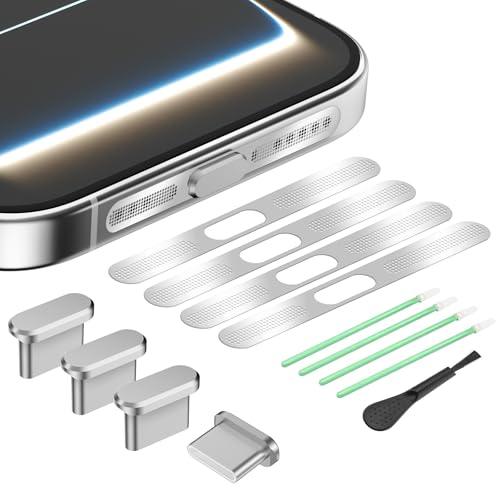 for iPhone 17 Pro Max Speaker Cover with USB C Dust Plug, Silver, 4 Pack | USB C Port Cover with Speaker Dust Cover for iPhone 17 Pro Max, Type C Charging Port Cover/Aluminum Type C Plug Cover - color: Silver