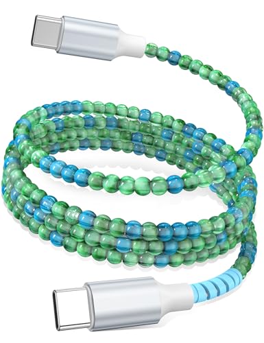 USB C to USB C Cable 6FT 60W Beaded Phone Fast Charging Cord&Car Charger for iPhone 17 16 15 Pro Max/iPad Pro 10th A16 for Samsung S26 S25 S24 Ultra A17 Android Phone Charger Cute Girl Women,BlueGreen - color: Blue-Green, size: 6FT/2M