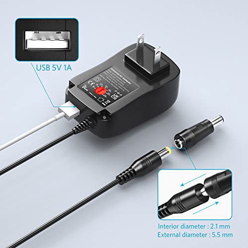 Belker 41W Universal 6V 9V 12V 15V 18V 20V 24V AC DC Adapter with 10 Tips | USB C Power Supply for Household Electronics Router Smart Phone Mp3 Tablets CCTV Cameras - 1.5A 1500mA Max - size: 41w 6-24v 1.5a w/USB