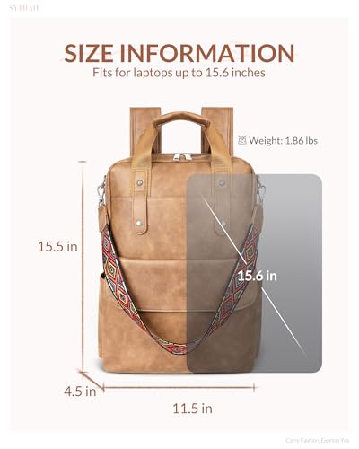 Leather Laptop Backpack 15.6 inch Womens Computer Bag Camel | 3-in-1 laptop purse: Dedicated 15.6" Compartment, 7-Pocket Organizer, Colorful Shoulder Strap, Work & Travel Ready - color: Camel