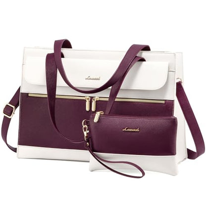 LOVEVOOK Laptop Bag Women 15.6 Inch Laptop Tote Professional Leather Computer Briefcase Waterproof Shoulder Bag Large Capacity Business Teacher Office Crossbody Purse - color: Purple/Beige-1, size: 15.6 Inch