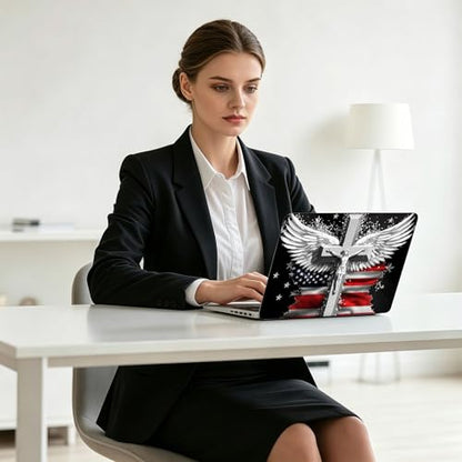 Universal Laptop Skin Decal, 3-Piece Vinyl Protector for 12 13 14 15.6" Notebook, Waterproof Anti-Scratch, Easy Trim & Bubble-Free Finish, Cross with Wings and an American Flag - color: Cross with Wings and an American Flag