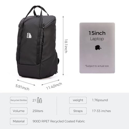 INUK Travel Laptop Backpack, 25L Recycled Waterproof Light Daypack | Dual laptop pockets, soft light foam straps, recycled wear-resistant fabric, water repellent coating, Black - color: Polar Night Black