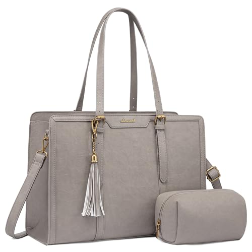 LOVEVOOK Laptop Bag for Women Vintage Leather Laptop Tote 15.6 inch Large Capacity Computer bag with Clutch Purse for Work - color: Grey, size: 15.6 inch