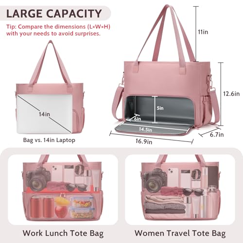 Lunch Tote Bag for Women with 15.6" Laptop Compartment, Work Tote Bag with Insulated Lunch Compartment, Large Casual Canvas Handbag Luncg Bags for Nurse, Teacher, Office, Travel, Beach, Pink - color: Pink