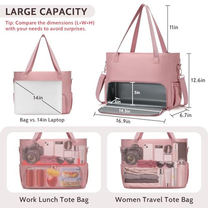 Lunch Tote Bag for Women with 15.6" Laptop Compartment, Work Tote Bag with Insulated Lunch Compartment, Large Casual Canvas Handbag Luncg Bags for Nurse, Teacher, Office, Travel, Beach, Pink - color: Pink