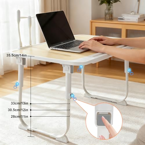 Laptop Desk for Bed, Adjustable Height Laptop Bed Table, Foldable Lap Desk with USB Charge Port, Desktop Card Slot, Side Drawer, Book Shelf, Portable Lap Tray for Eating Reading Working Sofa & Floor