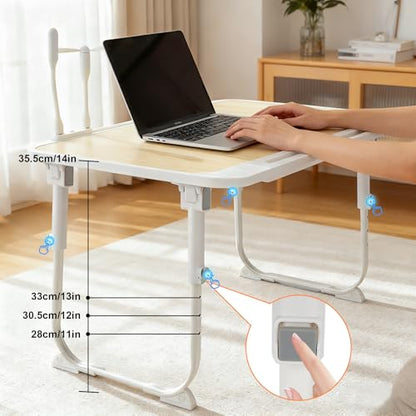 Laptop Desk for Bed, Adjustable Height Laptop Bed Table, Foldable Lap Desk with USB Charge Port, Desktop Card Slot, Side Drawer, Book Shelf, Portable Lap Tray for Eating Reading Working Sofa & Floor