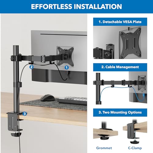 Mount-It! Single Monitor Arm Desk Stand, 19-32" Screens | Full motion height-adjustable tilt arm, VESA 75/100 compatible, C-clamp and grommet base.