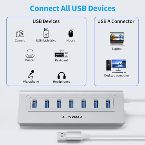 USB Hub 3.0, JESWO Aluminum 7 Port USB 3.0 Hub with 3.3Ft Cable, USB Splitter with 7-USB3.0 Data Ports Compatible with MacBook, Laptop,Surface Pro, PS5, PC and More (No Power Adapter Included)