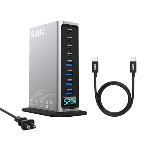 520W GaN III USB C Charging Station, 8-Port Charger Hub 4x100W+4x30W, PPS PD3.0 Fast Charging for MacBook iPhone Samsung Dell Steam Deck - 5ft Cord + 100W Cable