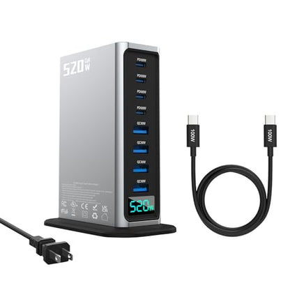 520W GaN III USB C Charging Station, 8-Port Charger Hub 4x100W+4x30W, PPS PD3.0 Fast Charging for MacBook iPhone Samsung Dell Steam Deck - 5ft Cord + 100W Cable