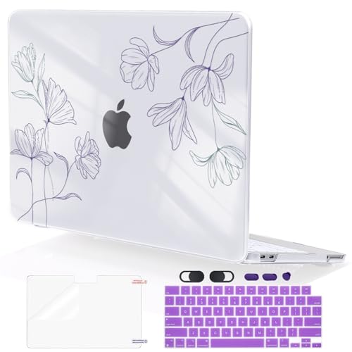 Compatible with MacBook Neo 13 inch Case 2026 Model A3404 Cover, Ultra-Thin Pattern Plastic Hard Shell Case Keyboard Cover Screen Protector Dust Plug, Purple Line Flower - color: Purple Line Flower