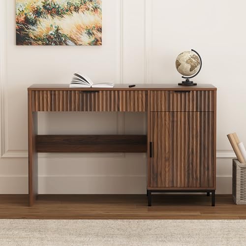 47" Fluted Executive Desk, Modern Wood Home Office Desk with Charging Station, Drawer & Cabinet, Computer Writing Desk for Work Study, Brown - color: Brown