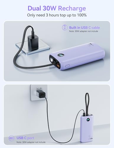 DIAMUAR Portable Charger 20000mAh 45W, Built in USB C Cable, 3W Flashlight | Fast Charging, Digital Display, 3 Ports, All-Day Power, Travel-Ready, for iPhone 17/16/15, Tablet, Laptop, Camping Essentials - color: Purple