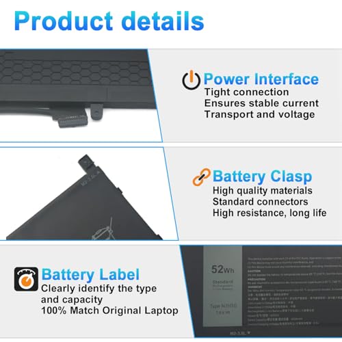 52Wh N7HT0 Laptop Battery Replacement for Dell Latitude 9510 9520 Latitude 9520 2-in-1 Series 08NFC7 V5K68 TVKGH N2NLL 7.6V 6500mAh 4-Cells (12 pin) - size: 10.39*4.74*0.37inch N7HT0