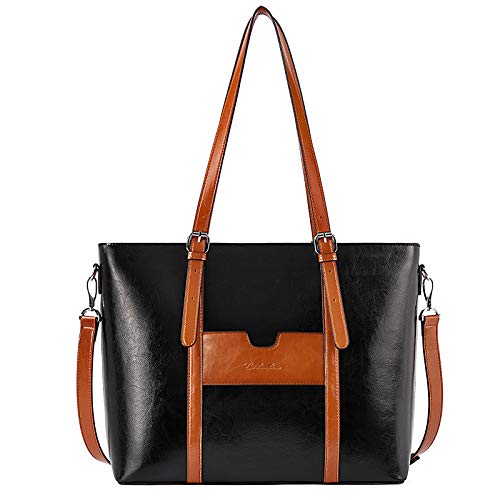 BOSTANTEN Genuine Leather Laptop Bag for Women 15.6'' Briefcase Tote Bags | Laptop Compartment, Structured, Professional, Detachable & Adjustable Shoulder Strap, Metal Feet, Work, Office, Business - color: D-black&brown
