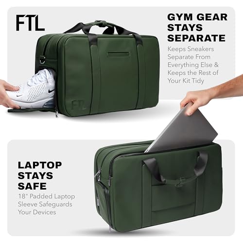 The FTL Pro Mens Travel Bag - 30L Premium Work to Gym Weekender Duffel with Garment Bag, Shoe Space & 18" Laptop Sleeve - Business Carry On Hybrid, Fits Under Airplane Seat - Abbot Green - color: Abbot Green, style: Pro