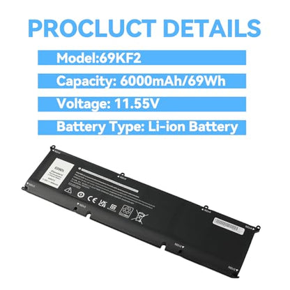 69KF2 DVG8M M59JH 8FCTC 70N2F Battery for Dell XPS 15 9500 9510 | for Dell G15 9520 5550 5560 5570 7510 M15 M17 R3 R4 5510 5511 5515 5520 5521 G7 7500 Inspiron 7610 P87F P91F P45E p100f - size: 13.94*6.02*1.26inch 69KF2