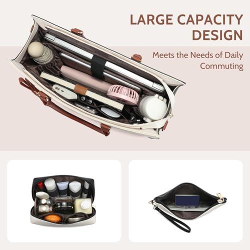 Keyli 3pcs Laptop Bag for Women 15.6 Inch Leather Work Tote Bags Professional Business Office Computer Shoulder Briefcase - color: 3pcs-black-white-brown