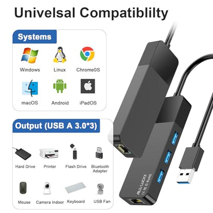 USB to Ethernet Adapter, 3xUSB 3.0 and 1000M RJ45 Network Hub for Laptop | 4-in-1 USB A Hub (Gigabit RJ45 & 3 USB-A ports) Plug & Play for Laptop/PC/MacBook/Surface/Dell XPS, Windows/Mac/Chrome OS - size: 0.95FT -4 in 1 USB A to Ethernet Adapte