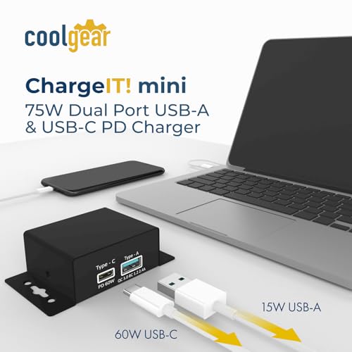 Coolgear Chargeit! Mini 75W Dual Port USB-A and USB-C PD Charger - QC 4.0 with PPS, Industrial Metal Chassis, Simultaneous Dual Port USB Fast Charging for Offices, Labs, and Vehicles (9~24V DC) - style: 75.0 Watts