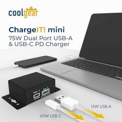 Coolgear Chargeit! Mini 75W Dual Port USB-A and USB-C PD Charger - QC 4.0 with PPS, Industrial Metal Chassis, Simultaneous Dual Port USB Fast Charging for Offices, Labs, and Vehicles (9~24V DC) - style: 75.0 Watts