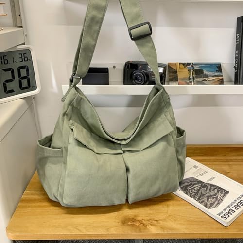 Cute Canvas Tote Bag for School/Work/Travel, Large Crossbody Messenger Bag Laptop Shoulder Bag - color: Asparagus Green