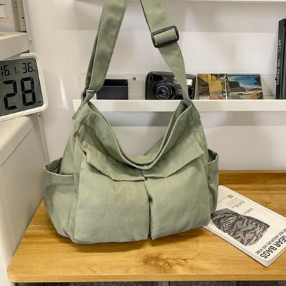 Cute Canvas Tote Bag for School/Work/Travel, Large Crossbody Messenger Bag Laptop Shoulder Bag - color: Asparagus Green
