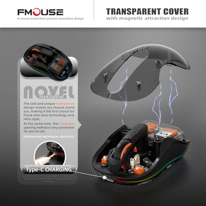 FMOUSE Transparent Wireless Mouse, Tri-Mode Bluetooth 5.1 & 2.4GHz, USB-A & USB-C Receiver, Silent Rechargeable RGB, 3 Devices for MacBook Laptop iPad PC, Business Minimalist — Black - color: Black