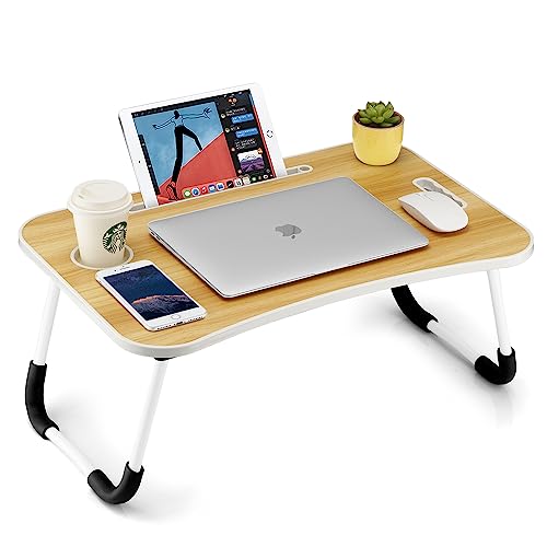 FISYOD Foldable Laptop Table, Portable Lap Desk Bed Table Tray, Laptop Stand with Cup Holder & Tablet Slot & Lifting Handle for Working Writing Drawing & Eating (Wood) - color: Wood