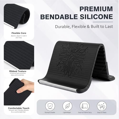 2 Pack Flexible Silicone Phone Stand, Foldable Adjustable Phone Holder, Portable Non-Slip Bendable Desktop Stand for Desk, Travel, Office, Tablets, Laptops and Treadmills(Black) - color: Black