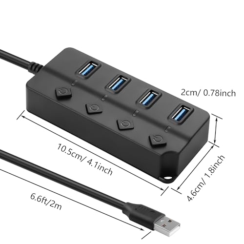 CERRXIAN USB Hub, 4Port USB Hub Splitter with Individual On/Off LED Switches 6.6ft/2m Long Cable, Multi Port Expander, Fast Data Transfer USB Splitter for Laptop, PC,Mobile HDD