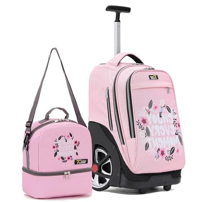 NEW TILAMI 19 Inch Rolling Backpack with Lunch Bag School Stair-Climbing | Stair-Climbing Teen Boys Girls Carry-on Suitcase Large Compartment 15.6 Laptop Sleeve Adjustable Handle Roller Travel Bag - color: Flower Pink