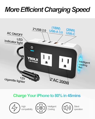 YSOLX 200W Car Power Inverter 12V to 110V for Vehicles, Car Plug Adapter Outlet with 4 USB Fast Charger, Car Charger Cigarette Lighter Adapter for Phone, Laptop on Road Trip - size: 200W