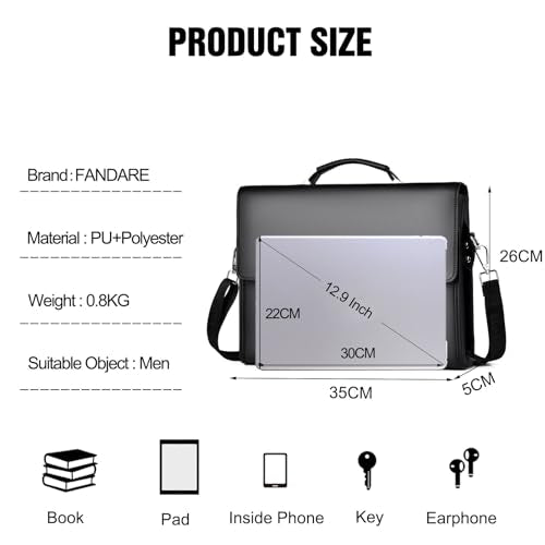 FANDARE Laptop Briefcase Men Notebook Case PU Leather Document Case Cross-Body Shoulder Messenger Bag 12.9 inch Laptop Handbag Work Travel Business School Professional Waterproof Bag Black - color: Black