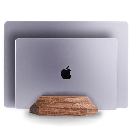 Dual Laptop Holder Adjustable Vertical Laptop Stand, 2 Slots MacBook Stand Wood,Wooden Laptop Stand,Vertical Laptop Holder for Desk, Widen Dock Fits All MacBook/Surface pro - color: 2 slot walnut