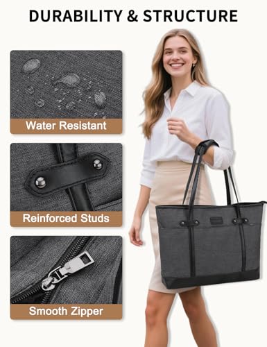 RAVUO Laptop Tote Bag for Women, Water Resistant 15.6 Inch Computer Handbag Purse Teacher Bag With Portable Small Pouch - color: Dark Grey