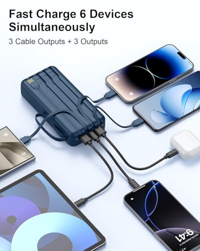Portable Charger 27000mAh 30W Fast Charging Power Bank | Built-in Cables, LED Display, 6 Outputs & 2 Inputs, USB C Battery Pack, Compatible with iPhone, Samsung, Google - color: Dark Blue, size: 27000Mah