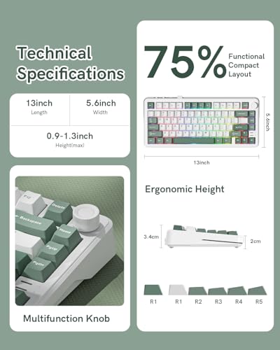 L75 75% Mechanical Keyboard, Wireless Gaming Keyboard with Multifunction Knob, Creamy Gasket Structure, Hot Swap, RGB Backlight, PBT Keycap, Custom Driver, Compact Layout for Win/Mac/PC - color: Green