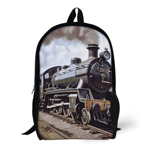 Heavy-Duty Laptop Backpack 17 Inch - 600D Polyester Steam Locomotive Train Backpack Lightweight Shoulder Bag Casual Daypack for Men & Women, Travel Hiking Camping