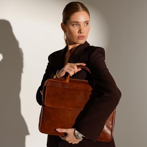 Time Resistance Leather Briefcase - Italian Handmade Leather Laptop Bag - Handbag for Men - Professional Computer Case - color: Cognac Brown