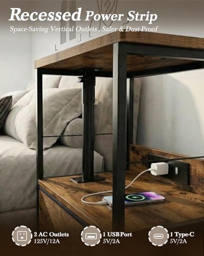Faesun Swivel Lift Top Nightstand with Charging Station, Rolling Night Stand with Fabric Drawer, Adjustable Bedside Table for Bedroom, Living Room, Brown, Pro - color: 03 - Brown, size: 1 Drawer (Tray Top)