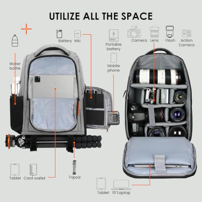 TARION Camera Backpack for Photographers Compact 15L, TB04 Grey | 15 Inch Laptop Compartment, Side Access Quick Draw, Anti-theft Hidden Pocket, Tripod Holder, Rain Cover, Travel-Friendly - color: Grey
