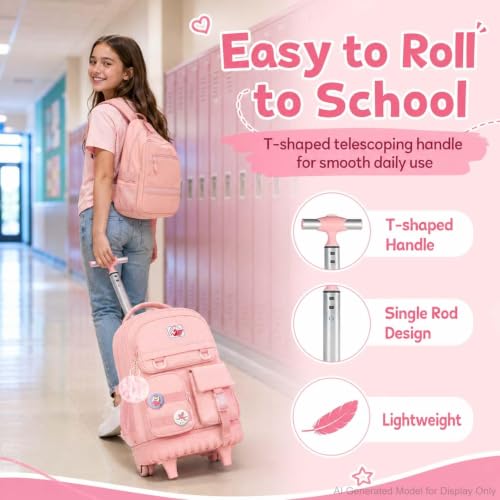 CCJPX Rolling Backpack for Girls Women, 21 inch Roller Wheels School Bookbag, Wheeled Suitcase Backpacks with Lunch Bag for Teen - Pink - color: Pink