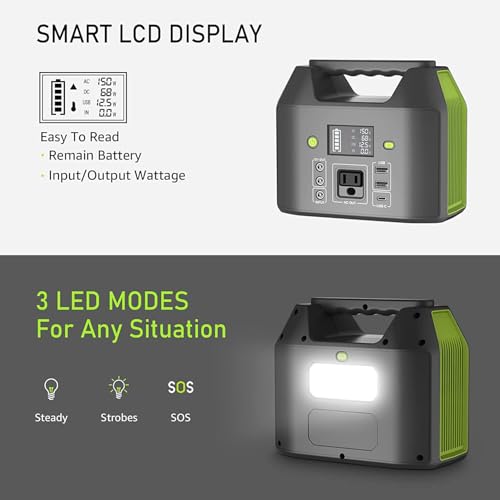 EnginStar Portable Power Station, 150W 155Wh Power Bank with 110V AC Outlet, 6 Outputs External Battery Pack Portable Backup Battery Laptop Charger with LED Light for Home Camping - color: Green