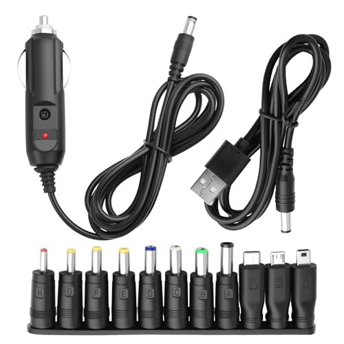 12V Car Charger Kit with DC 5V Power Cable,12V Cigarette Lighter Plug DC 5.5 * 2.1mm Includes USB Cable,11 Connectors,Universal Car Charger Adapter for GPS,DVD Player,Camera