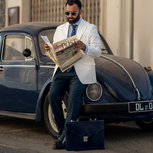Time Resistance Leather Briefcase for Men - Business Laptop Bag - Italian Handmade Leather Bag - Attache - Gift Box Included - color: Blue