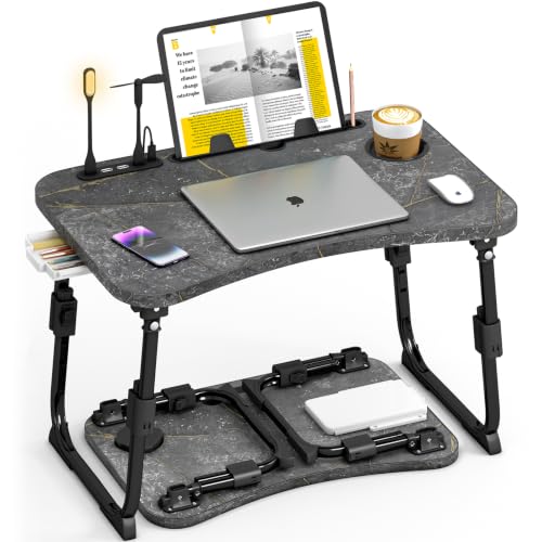 Lap Desk for Bed Adjustable Height, Foldable Bed Table with Storage Drawer, Tablet Slot & Cup Holder, Portable Laptop Stand for Bed & Sofa, Bed Desk for Adults & Kids, Deep Stone Color - color: Deep Stone